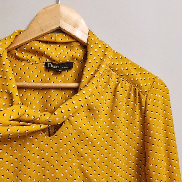 Dalia Polka Dot Tie Neck Long Sleeve Blouse Yellow Size Small - Picture 2 of 7